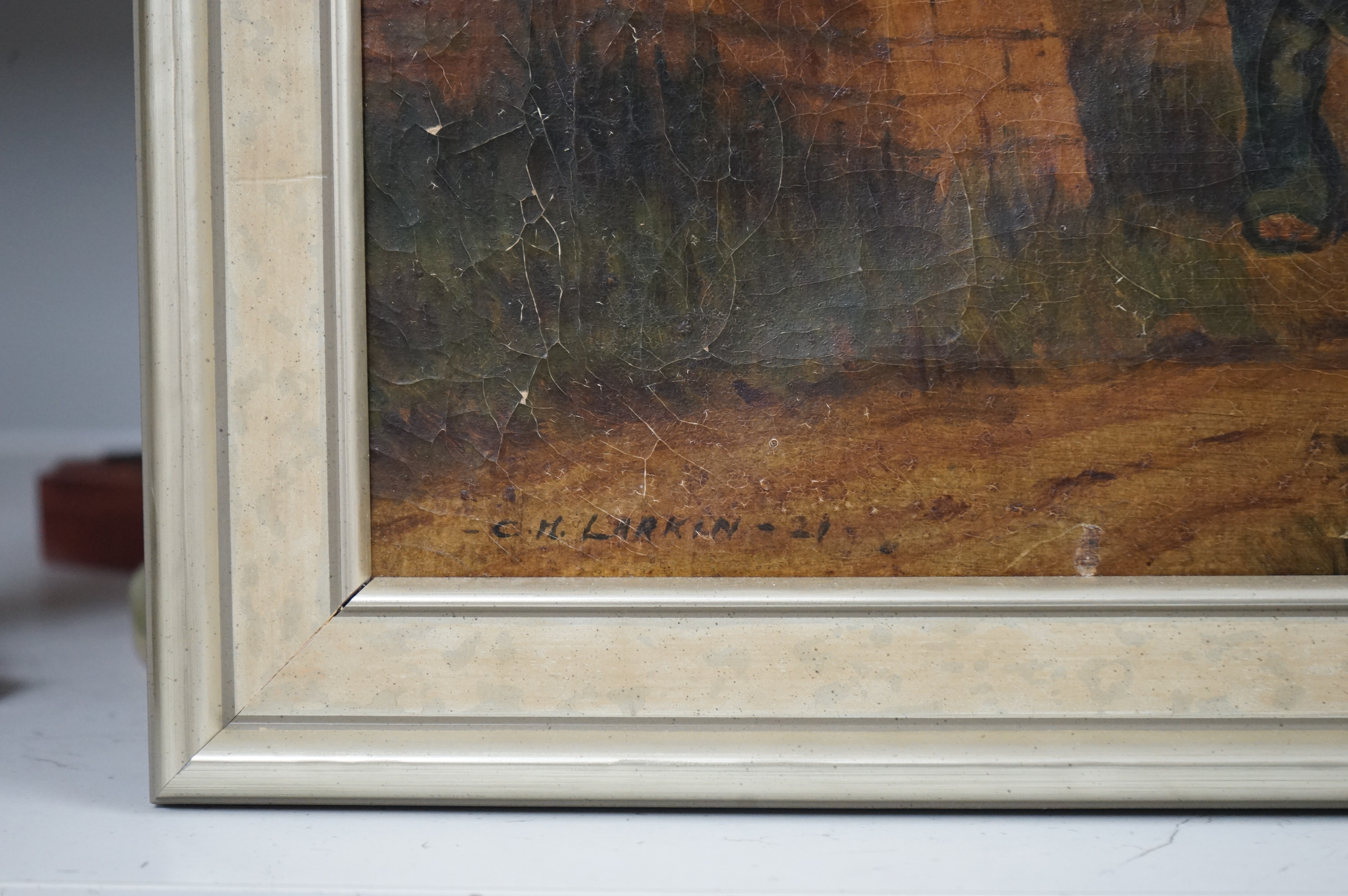 C. H. Larkin, oil on canvas, 'Highwayman in hiding waiting to pounce, signed and dated '21, 54 x 41cm
